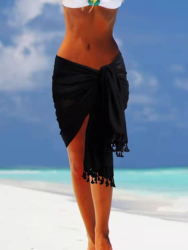  Women's Swimwear Long Skirt Asymmetrical Polyester Black White Red Blue Skirts Tassel Fringe Beach Wear Swimsuit Bottoms Vacation Beach S M
