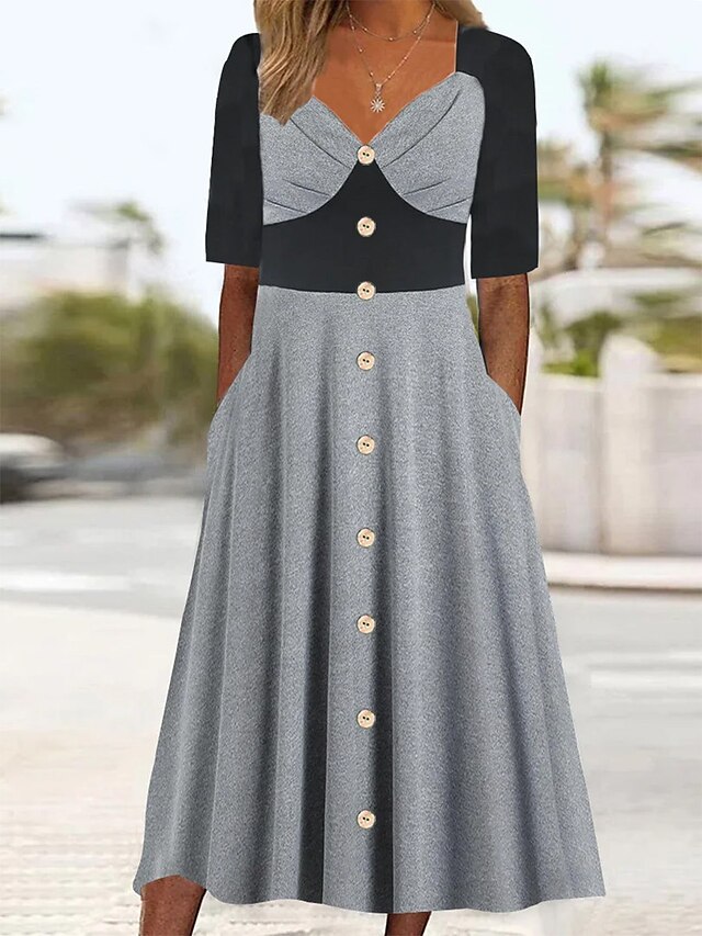 Women's Casual Dress A Line Dress Summer Dress Plain Patchwork Button V
