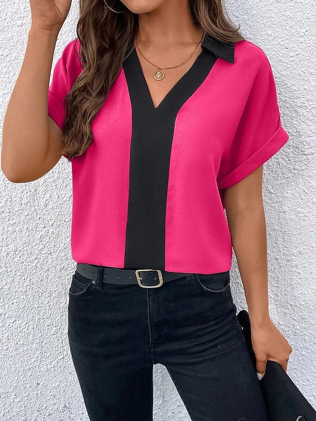  Shirt Blouse Women's Black Pink Orange Color Block Work Fashion V Neck Regular Fit S