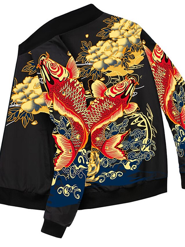  Fish Japanese Mens 3D Shirt For Festival | Black Winter Nylon | Floral Fashion Sport Casual Daily Men'S Coat Sports & Outdoor Wear Going Fall Standing Collar Long Sleeve Red