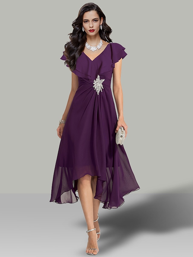  rochii pentru oaspeți de nuntă rochie elegantă rochie de cocktail semiformală lungime ceai cu mânecă scurtă șifon cu decolteu în V cu strass 2024