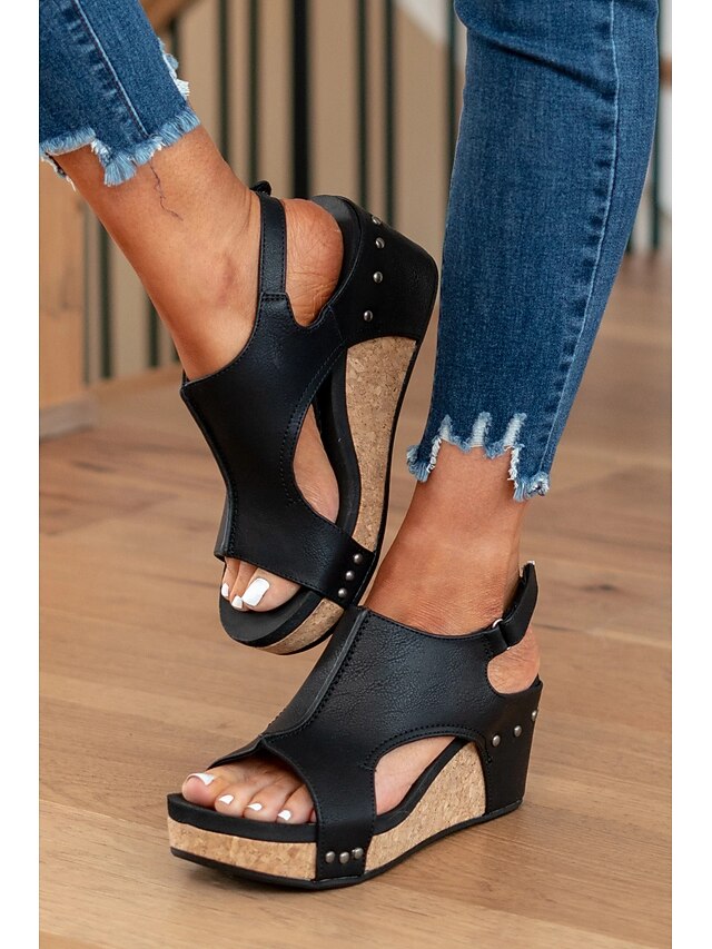Women's Black Cork Wedge Sandals – Comfortable Open-Toe Slip-On Shoes with Rivet Detailing for Casual Summer and Outdoor Wear 17