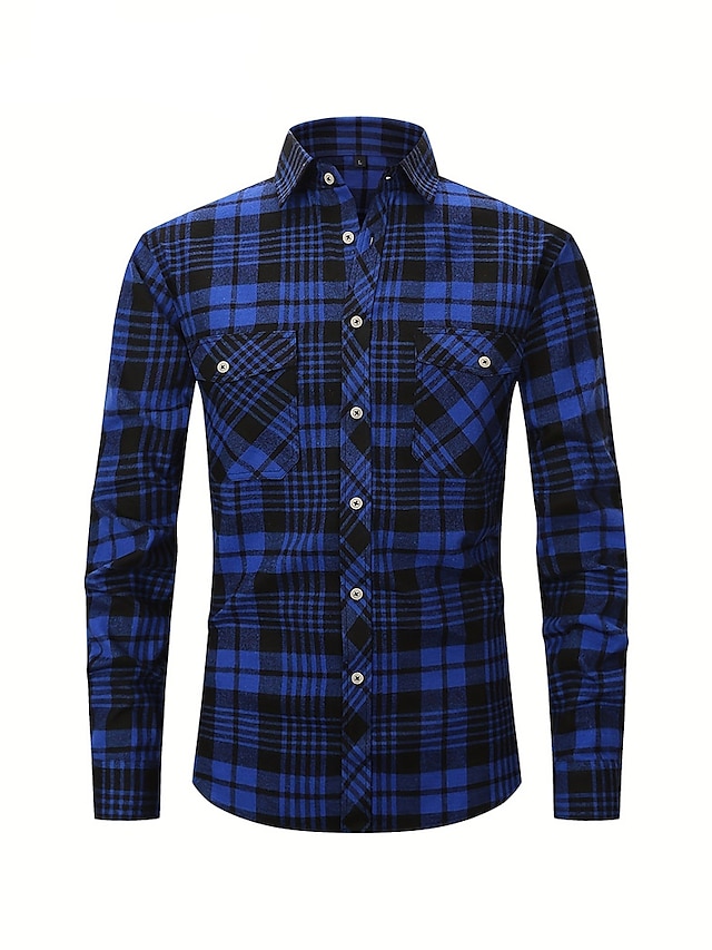 Men's Shirt Overshirt Blue Long Sleeve Plaid Lapel Spring & Fall ...