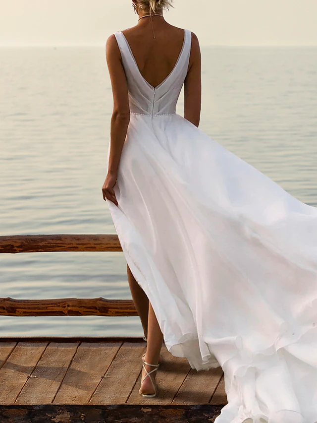 Wedding Dress A-line Off The Shoulder Sleeveless Pleated Court Train Chiffon Boho Bridal Gowns