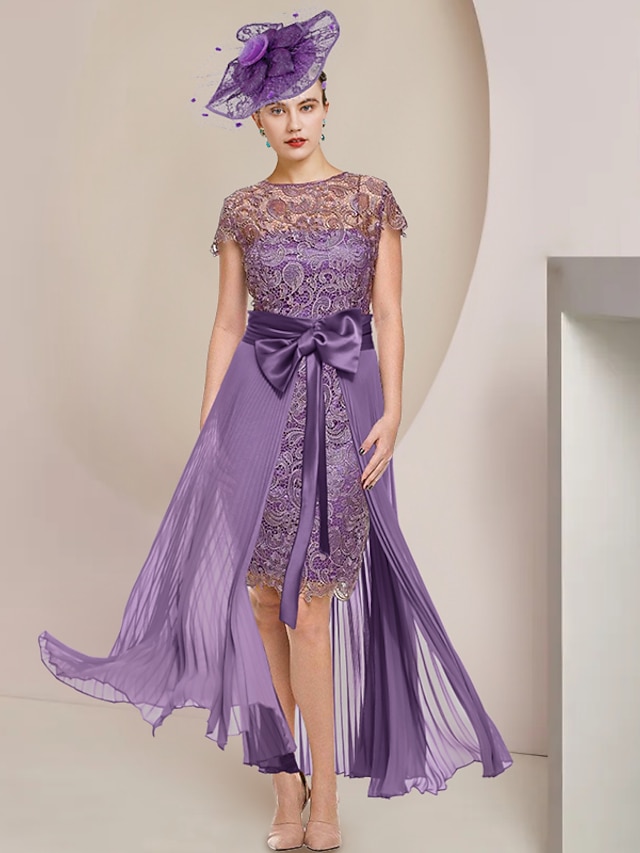 Two Piece Sheath / Column Mother of the Bride Dress Formal Wedding Guest Elegant Scoop Neck Knee Length Chiffon Lace 3/4 Length Sleeve with Bow(s)