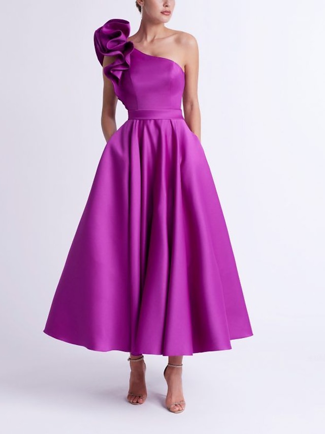  A-Line Cocktail Dresses Elegant Dress Wedding Guest Party Wear Ankle Length Sleeveless One Shoulder Pocket Satin with Ruffles 2024