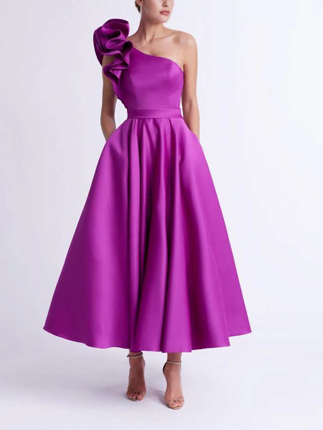 A-Line Cocktail Dresses Elegant Dress Wedding Guest Party Wear Ankle Length Sleeveless One Shoulder Pocket Satin with Ruffles Dresses3
