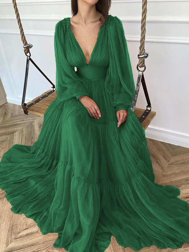 A-Line Evening Gown Elegant Dress Formal Wedding Guest Floor Length Long Sleeve V Neck Chiffon with Ruched 9