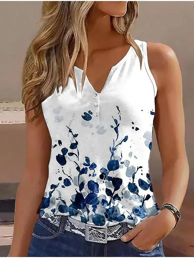  Women's Tank Top Floral Tree Casual Holiday Button Print White Sleeveless Basic V Neck