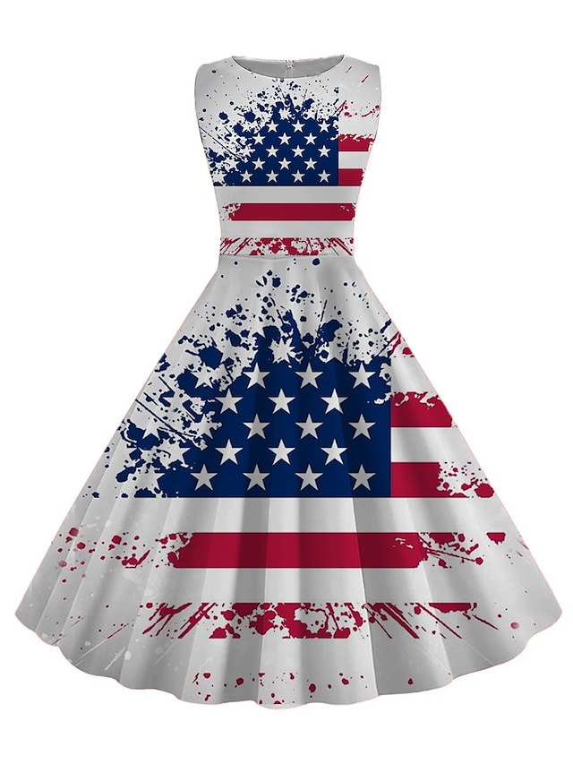  женские винтажные чайные платья в стиле ретро 1950-х годов, платье миди, повседневное свидание, принт с рюшами, американский флаг, круглый вырез, без рукавов, тонкий, лето, весна 2023, черный, белый,
