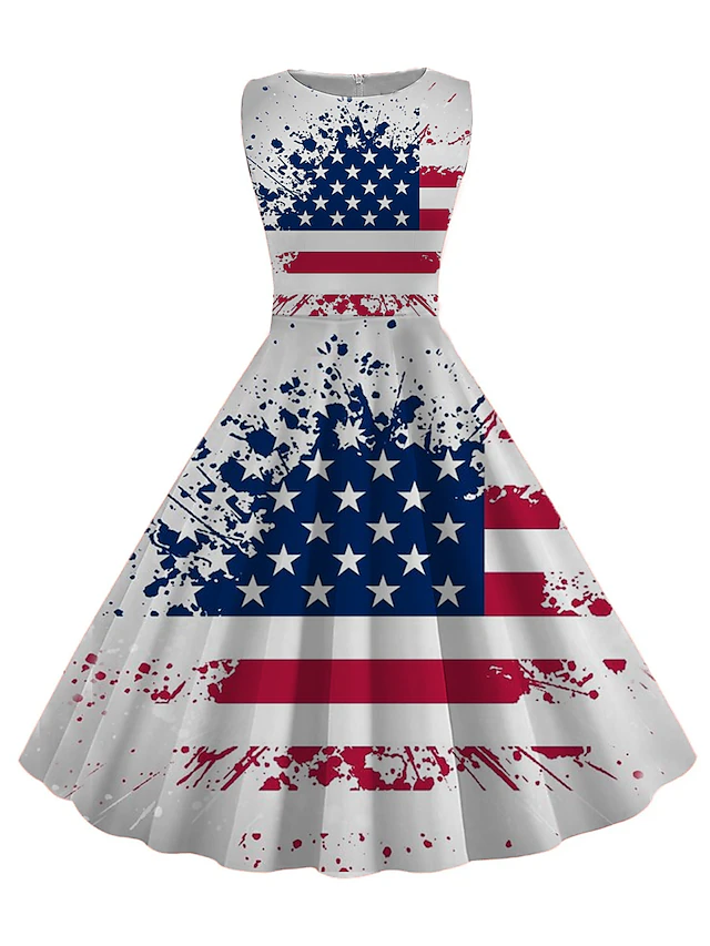 Women's Retro 1950s Vintage Tea Dresses Midi Dress Daily Date Ruched Print American Flag Crew Neck Sleeveless Slim Summer Spring 2023 Black White S M L XL 6