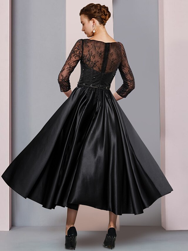 Modern A-Line Scoop Neck Half Sleeves Satin Lace Tea-Length Mother of the Bride Dress