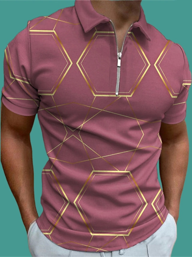  Voor heren POLO Shirt Golfshirt Casual Feestdagen Revers Kwart ritssluiting Korte mouw Modieus Basic Grafisch Geometrisch Kwart ritssluiting Zomer Normale pasvorm Blozend Roze POLO Shirt