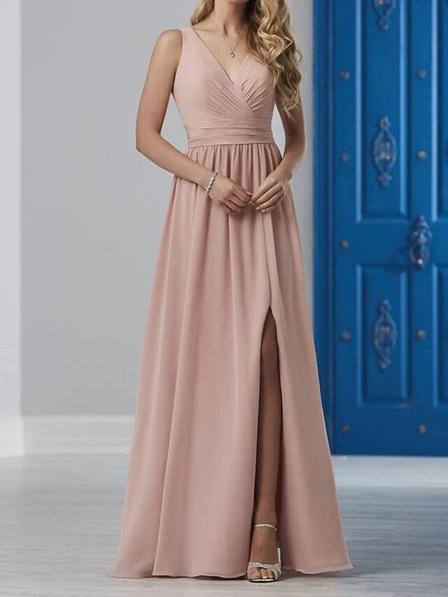 A-Line Bridesmaid Dress Sleeveless Elegant Floor Length Chiffon Ribbon Pleats
