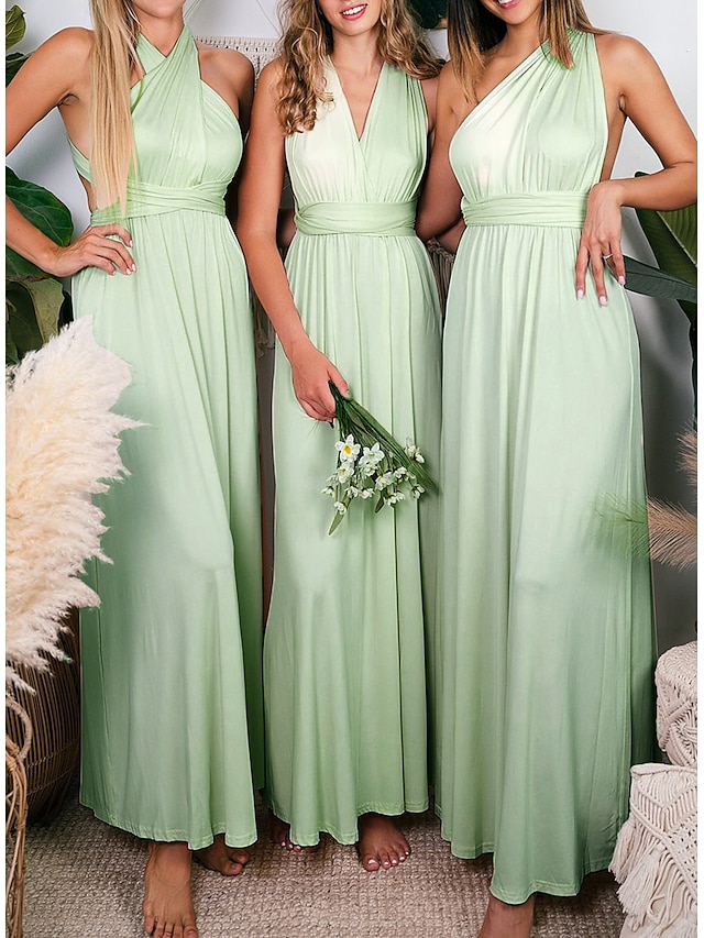  Sheath / Column Bridesmaid Dress Halter Sleeveless Convertible Ankle Length Spandex with Pleats / Solid Color 2023