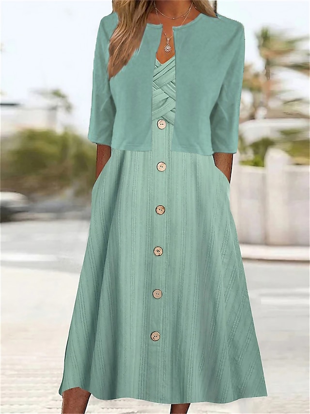  Women's Two Piece Dress Set Casual Dress Outdoor Daily Fashion Modern Ruched Button Midi Dress V Neck Half Sleeve Plain Loose Fit Green Summer Spring S M L XL XXL