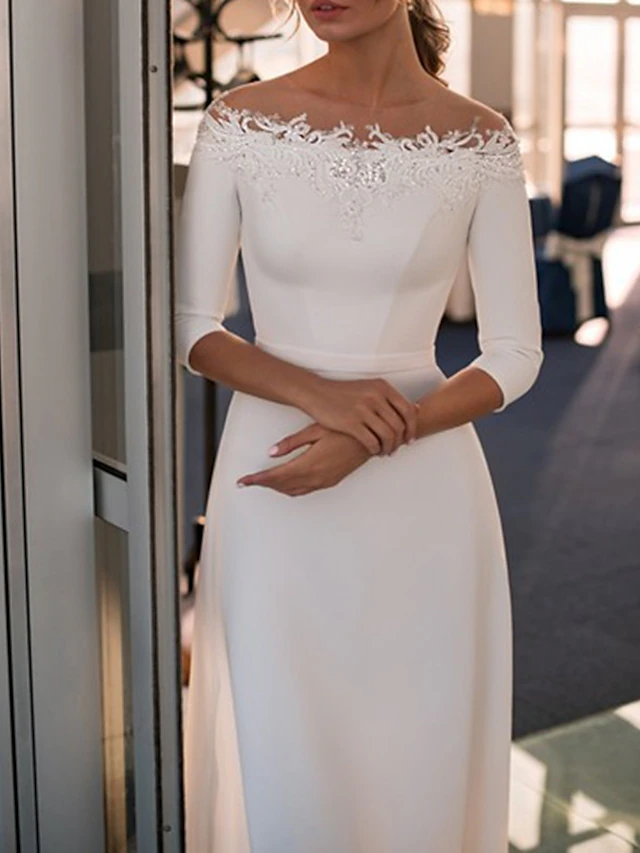 Engagement Formal Wedding Dresses A-Line Off Shoulder 3/4 Length Sleeve Sweep / Brush Train Lace Bridal Gowns With Appliques Solid Color4