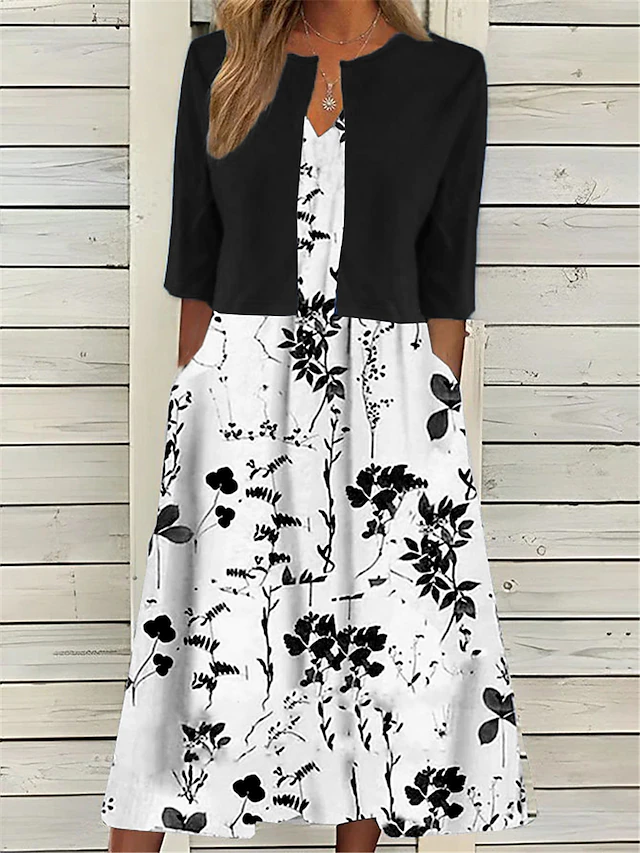 Women's Midi Dress Two Piece Dress Set Casual Dress Print Dress Daily Vacation Fashion Elegant Pocket Print Crew Neck Half Sleeve Floral Regular Fit Black Navy Blue Green Summer Spring S M L XL XXL 11