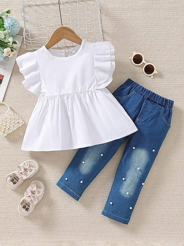  2 Pieces Kids Girls' Clothing Set Outfit Print Sleeveless Cotton Set Active Casual Summer Spring 1-5 Years White