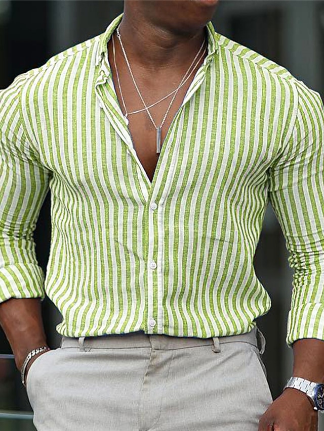  Herr Skjorta Randig Utomhus Ledigt Gul Ljusgrön Rubinrött Blå Långärmad Nedvikt Höst vinter Kläder Mönster