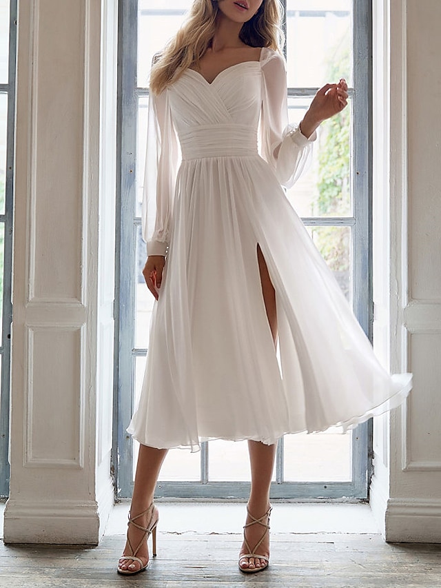  Reception Simple Wedding Dresses Wedding Dresses Sheath / Column Illusion Neck Half Sleeve Short / Mini Lace Bridal Gowns With Appliques 2024