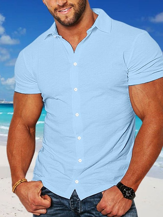  Homens Camisa Social camisa de linho camisa de botão camisa de verão camisa de praia Azul Verde Tropa Cinzento Manga Curta Tecido Lapela Verão Casual Diário Roupa