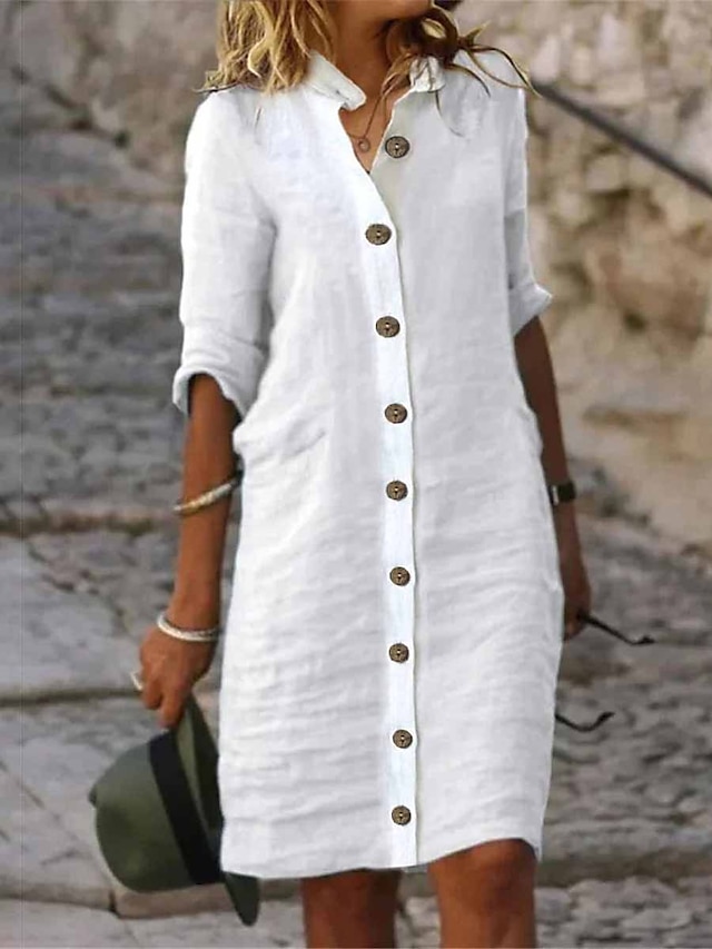 Women's Cotton Linen button down Sundress Midi Dress 3/4 Sleeve Casual Loose Fit Summer Beach Black White Green