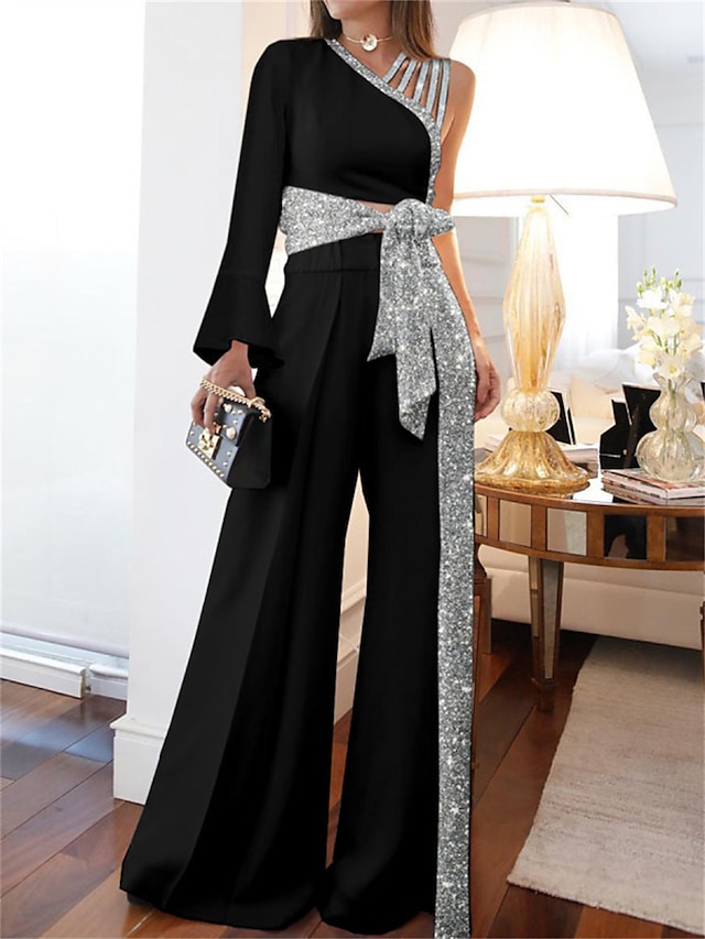  Women‘s Jumpsuit for Special Occasions Sparkly Sequin Patchwork High Waist Solid Color One Shoulder Streetwear Party Street Regular Fit Long Sleeve Black White Blue S M L Summer Fall