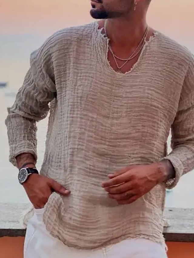Camisa De Lino Para Hombre Verano - Manga Larga, Corte Regular, Mezcla De Algodón Y Lino, Cómoda Y Transpirable