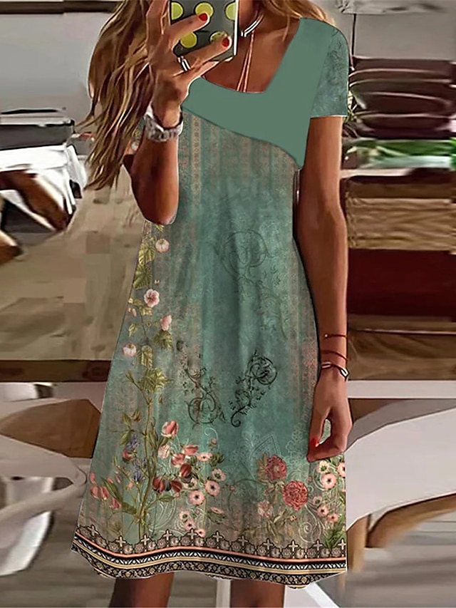  Pentru femei Rochii Midi Rochie de vară Rochie imprimata Activ Șic Stradă De Bază În aer liber Vacanță Casă Potrivire Largă Floral Manșon scurt În V Albastru piscină Trifoi Kaki Vară Primăvară Toamnă
