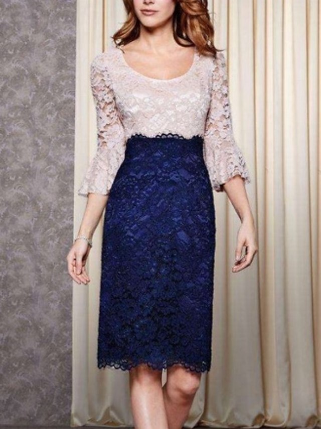 Sheath / Column Mother of the Bride Dress Wedding Guest Elegant Petite Scoop Neck Knee Length Stretch Chiffon Short Sleeve with Lace Sequin main image 1