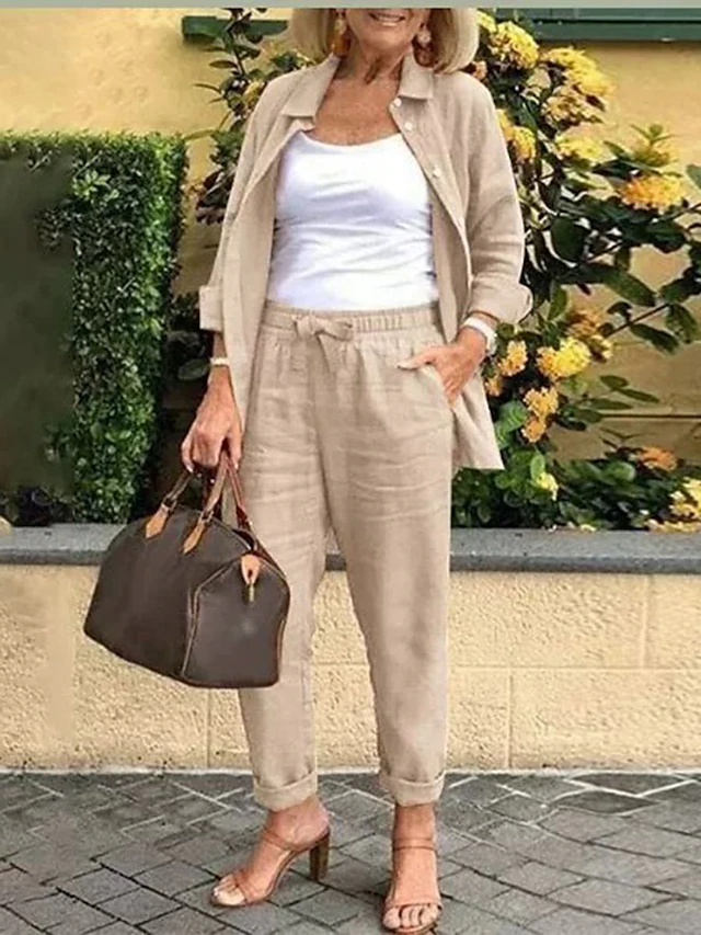 Women's Cotton Linen Sets Two Piece Sets Fashion Casual Comfort Home Daily Vacation Linen Summer Spring Home Outfits 10