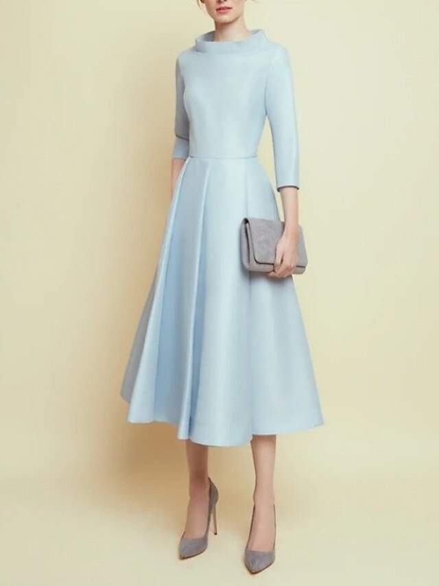 A-Line Bateau Neck 3/4 Sleeves Beaded appliqued Tea Length Mother of the Bride Dress
