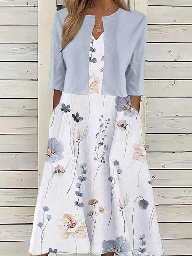  Damen Zweiteiliges Kleid-Set Casual kleid Kleid drucken Outdoor Täglich Modisch Elegant Tasche Bedruckt Midikleid V Ausschnitt Halbe Ärmel Blumen Regular Fit Rosa Blau Purpur Sommer Frühling S M L XL