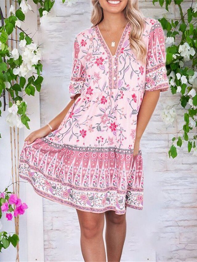 Robe Femme Mini Imprimé Floral Col V - Manches Papillon 3/4 - Taille L (Neuf Avec Étiquettes)