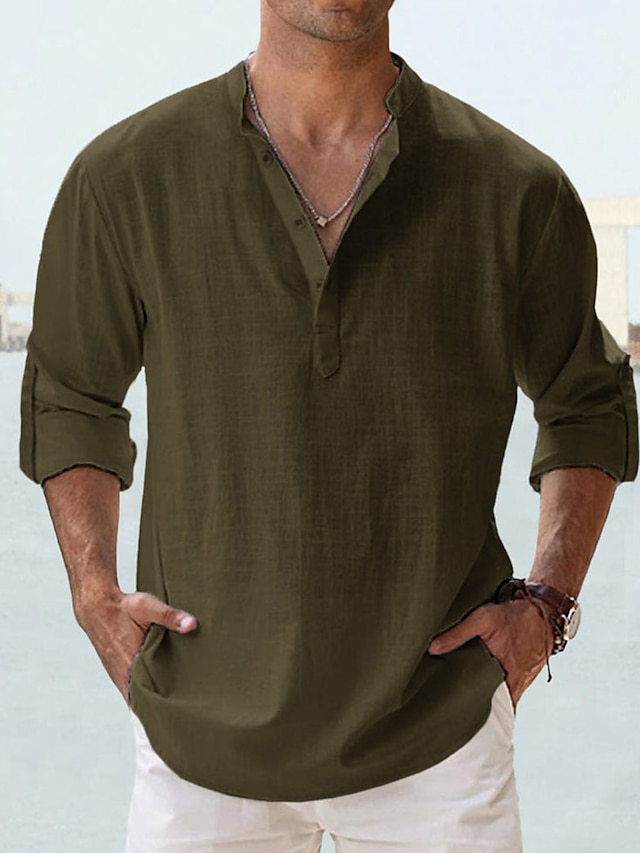  Per uomo Camicia camicia di lino Camicia estiva Camicia da spiaggia Liscio Hawaiano Per eventi Bianco Rosa Blu Verde Manica lunga Colletto alla coreana Primavera estate Abbigliamento Di base
