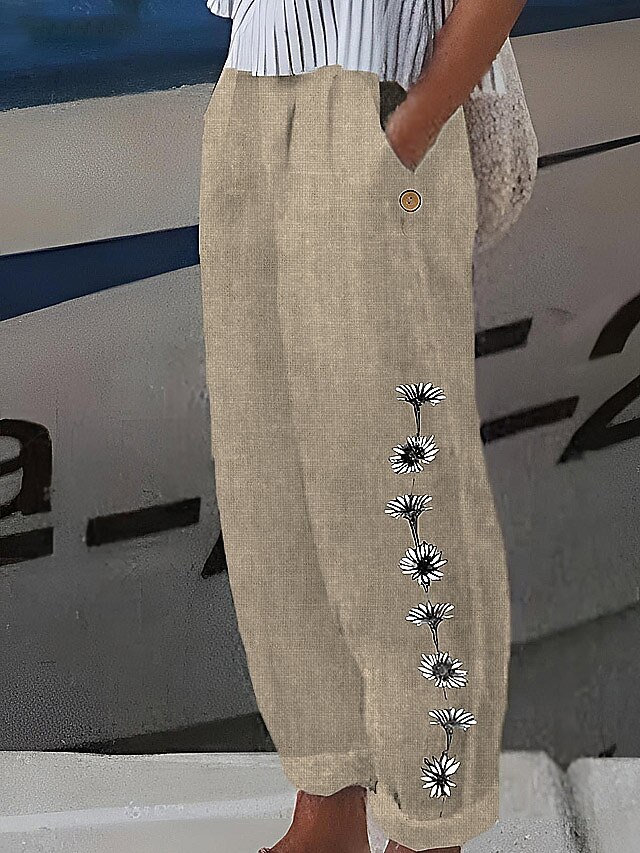 Women's Cotton And Linen Loungewear Pants Nighty Trousers Flower Print Elastic Waist Comfort Home Street Summer Spring Black White Home Outfits 6