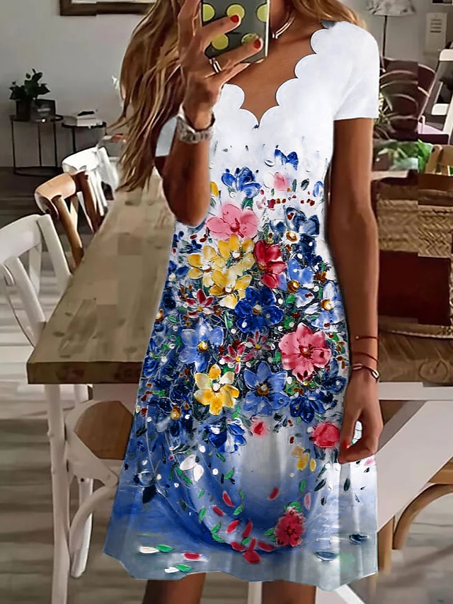 Women's Casual Dress Mini Dress Blue Short Sleeve Floral Ruched Summer 