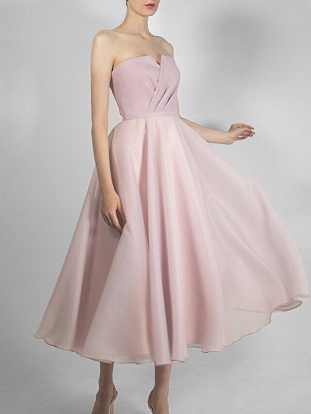 ALine Bridesmaid Dress Strapless Sleeveless Pink Tea Length Organza with Ruching / Solid Color