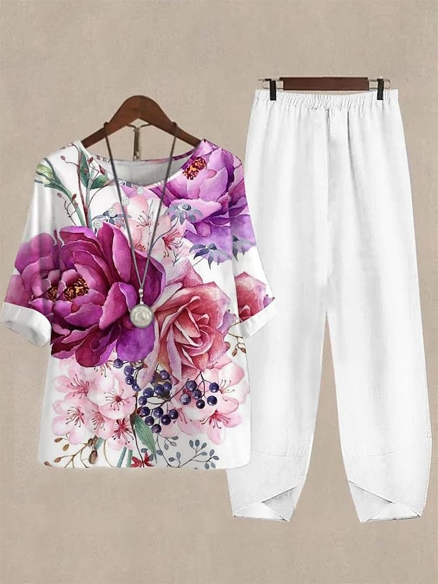 Women's Shirt Pants Sets White Pink Blue Floral Print Short Sleeve ...