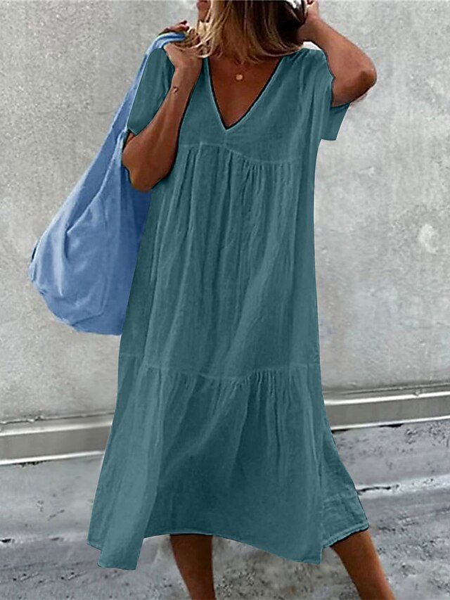 Women's Summer Dress Plain Dress Plain Ruched Patchwork V Neck Midi ...