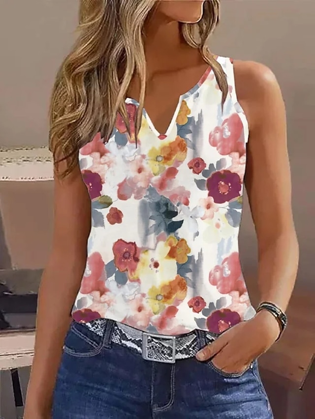 Women's Tank Top Floral Casual Holiday Button Print White Sleeveless ...