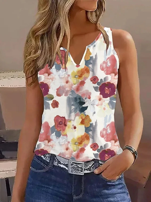 Women's Tank Top Floral Button Print Casual Holiday Basic Sleeveless V ...