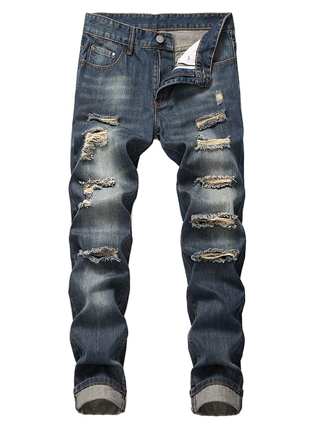  Homens Jeans Calças Calças jeans Bolsos rasgado Tecido Conforto Respirável Diário Para Noite Moda Casual Azul Azul Escuro