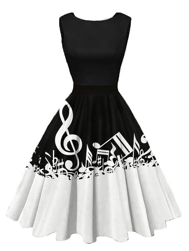  נשים רטרו שנות ה-50 שמלות תה וינטאג' שמלת מידי שמלת יומית תאריך הדפס מרוקן הערה צווארון צוואר ללא שרוולים רזה קיץ אביב 2023 שחור ולבן שחור s m l xl