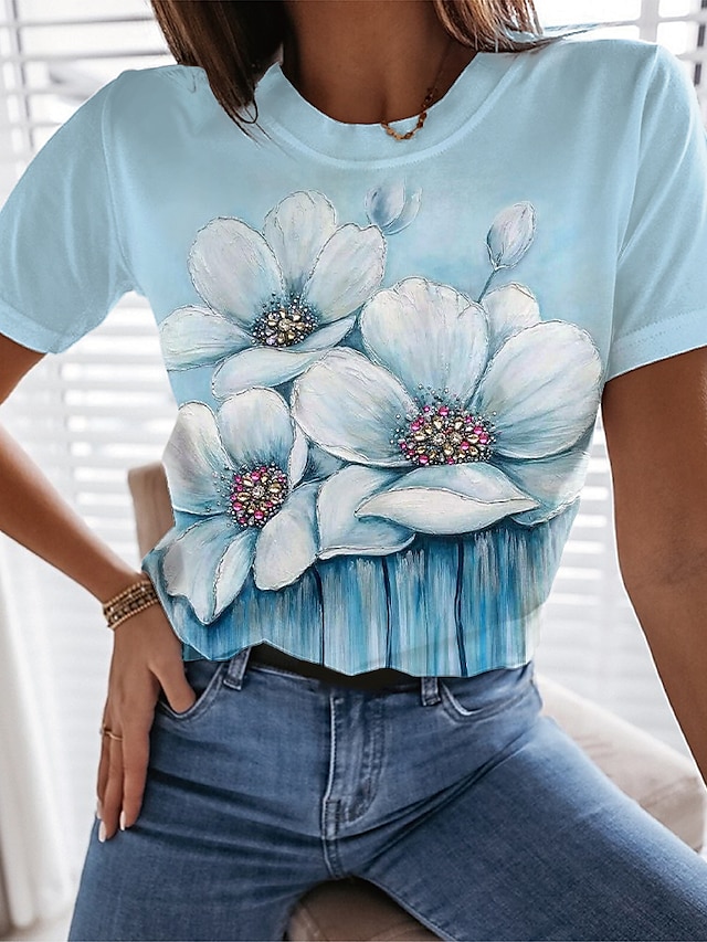  Women's T shirt Tee Blue Floral Print Short Sleeve Holiday Weekend Basic Round Neck Regular Floral Painting S