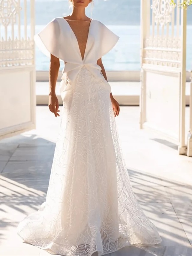 Beach Formal Wedding Dresses A-Line V Neck Cap Sleeve Sweep / Brush ...