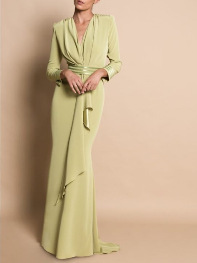  Sheath / Column Mother of the Bride Dress Formal Wedding Guest Elegant Party V Neck Sweep / Brush Train Stretch Chiffon Long Sleeve with Draping Ruching 2024