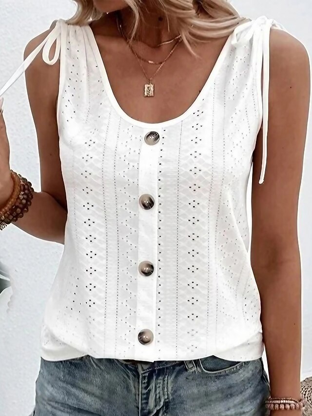 Women's Camisole Tank Top Eyelet top Dressy Tops Plain Basic Sleeveless Sleeveless U Neck Regular Tops Daily Weekend Buttons Light Blue claret Black White Pink 6