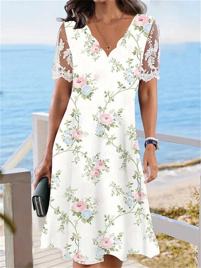 Women's Floral Lace Print Scalloped Neck Lace Sleeve Midi Dress Daily Vacation Short Sleeve Summer Spring 5
